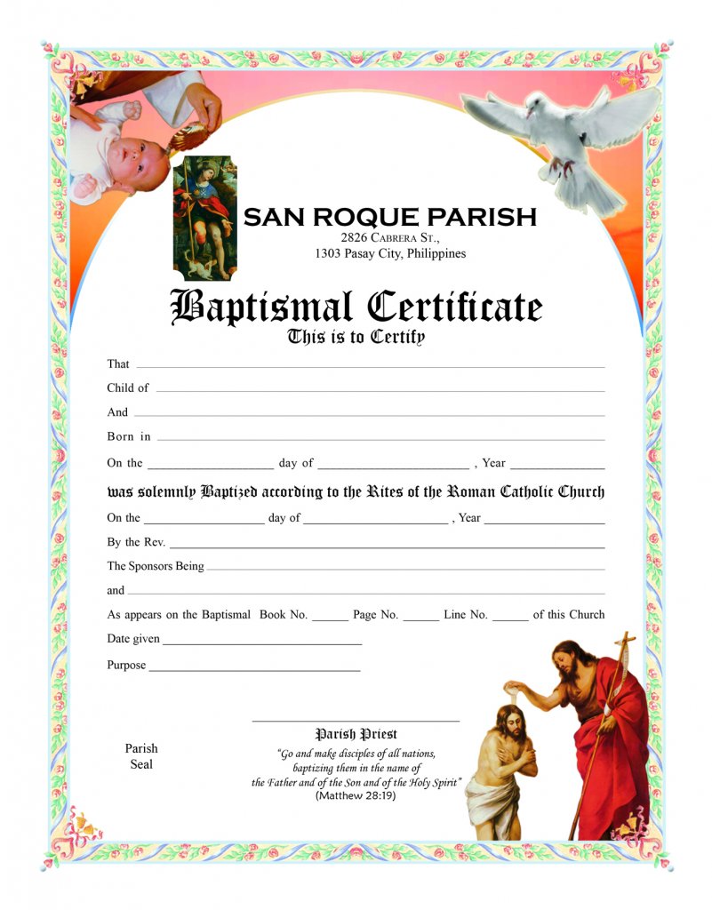 Baptismal Certificate No 1 Sons Of Holy Mary Immaculate