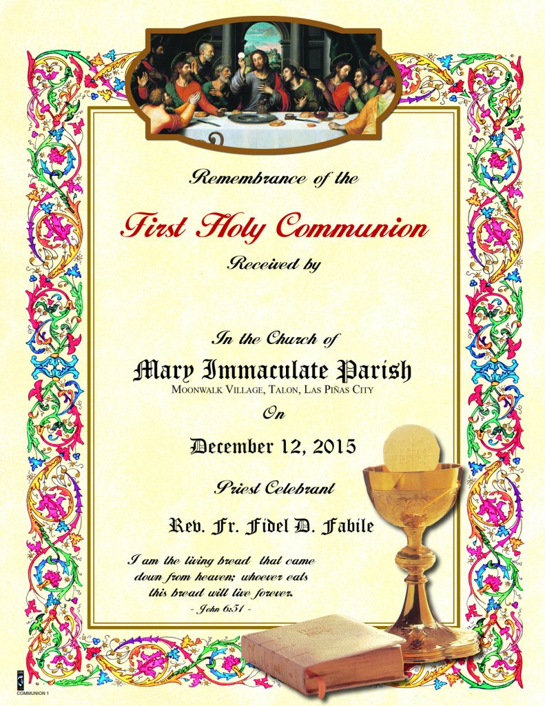 First Communion Certificate No. 1 Sons of Holy Mary Immaculate
